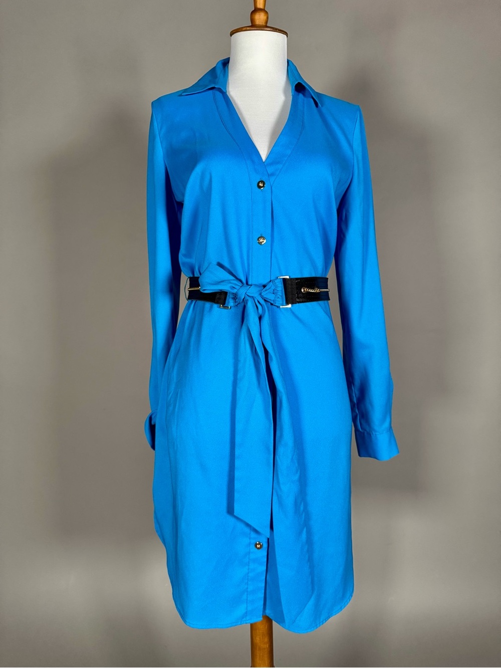 Bright Blue Long-Sleeve Tie-Waist Shirt Dress
